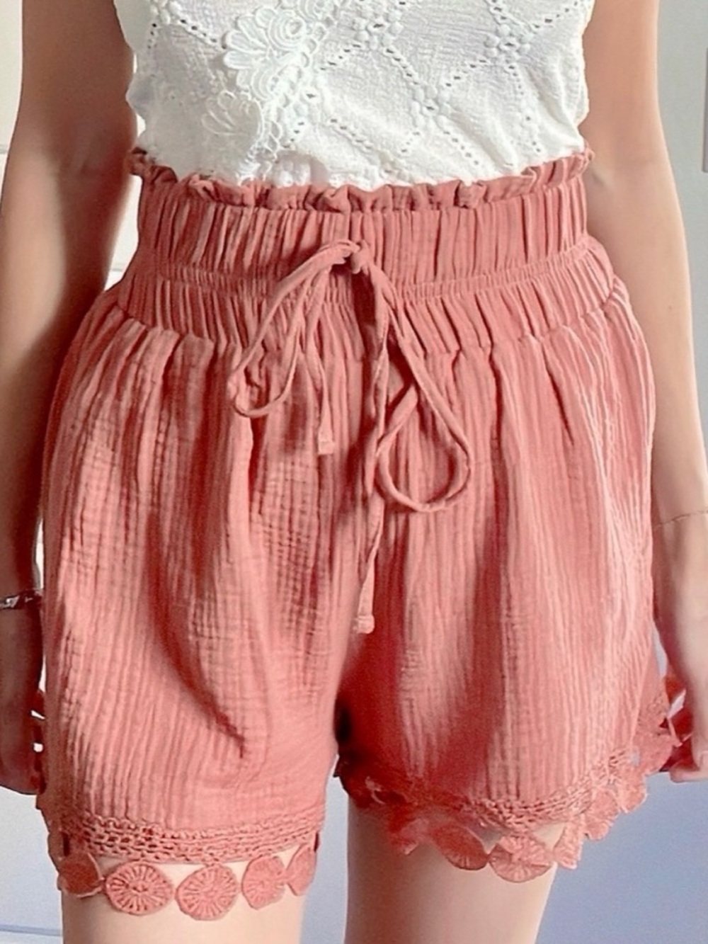 BOHO High Waisted Cotton Lace Paper Bag Shorts